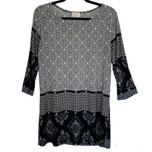 MISIA Woman’s Tunic Top/Dress Bold Geometric Navy White Round Neck‎ 3/4 Sleeve L